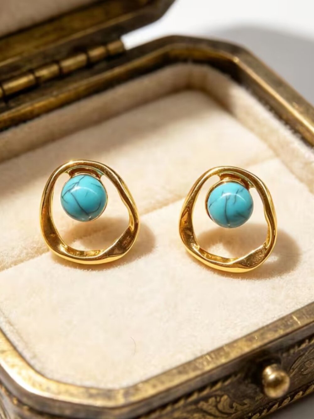 14K Gold Womens Small Natural Blue Turquoise Hoop Earrings 14 K Silver Jewelry